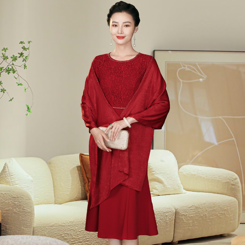 2024 New Autum Style Wedding Banquet Festive Mother's Dress for Middle-Aged and Elderly People, Noble Elegant Dress and Shawl Two-Piece Set