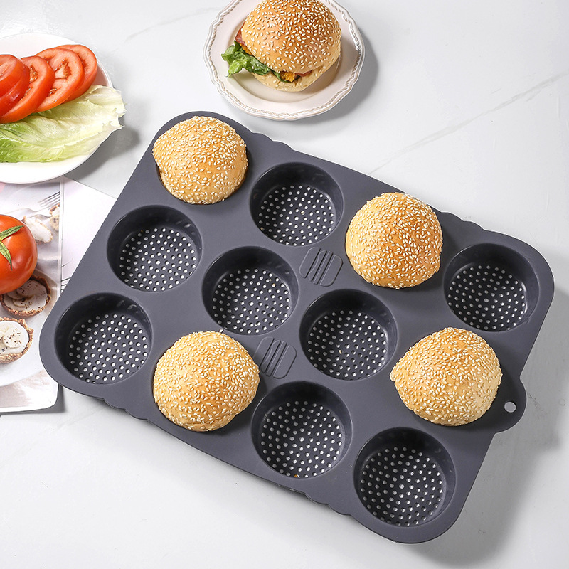 Cross-border Amazon food grade silicone hamburger mold 12-hole bread baking tray mold easy demoulding kitchen baking tools