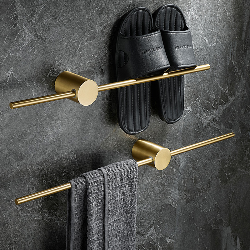 304 Stainless Steel No-Drill Towel Rack Bathroom Single Rod Brushed Gold Towel Bar Slipper Rack Storage