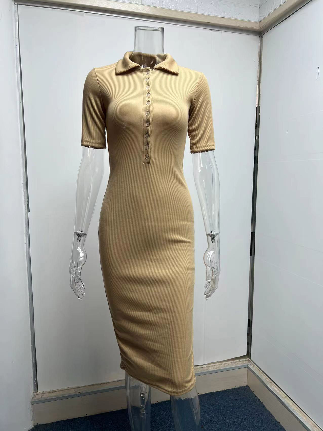 Spring Summer Office Simple Midi Dress Solid Color Breasted Casual Dress for Women 8 Spring Summer Office Simple Midi Dress Solid Color Breasted Casual Dress for Women
