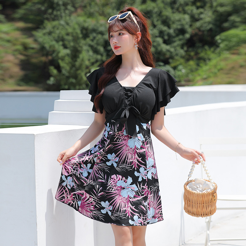 Traje de baño de una pieza más tamaño floral falda vientre cubriendo adelgazamiento conservador caliente primavera playa vacaciones traje de baño