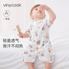 婴儿短袖连体衣夏季薄款纱布哈衣新生儿男宝宝透气系带衣服和尚服