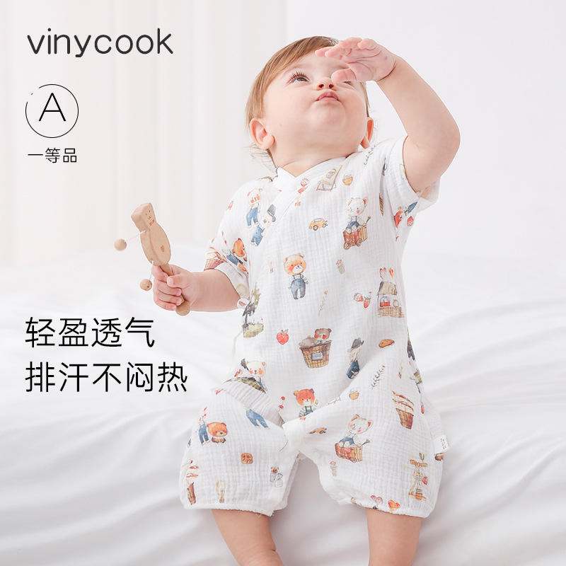 婴儿短袖连体衣夏季薄款纱布哈衣新生儿男宝宝透气系带衣服和尚服