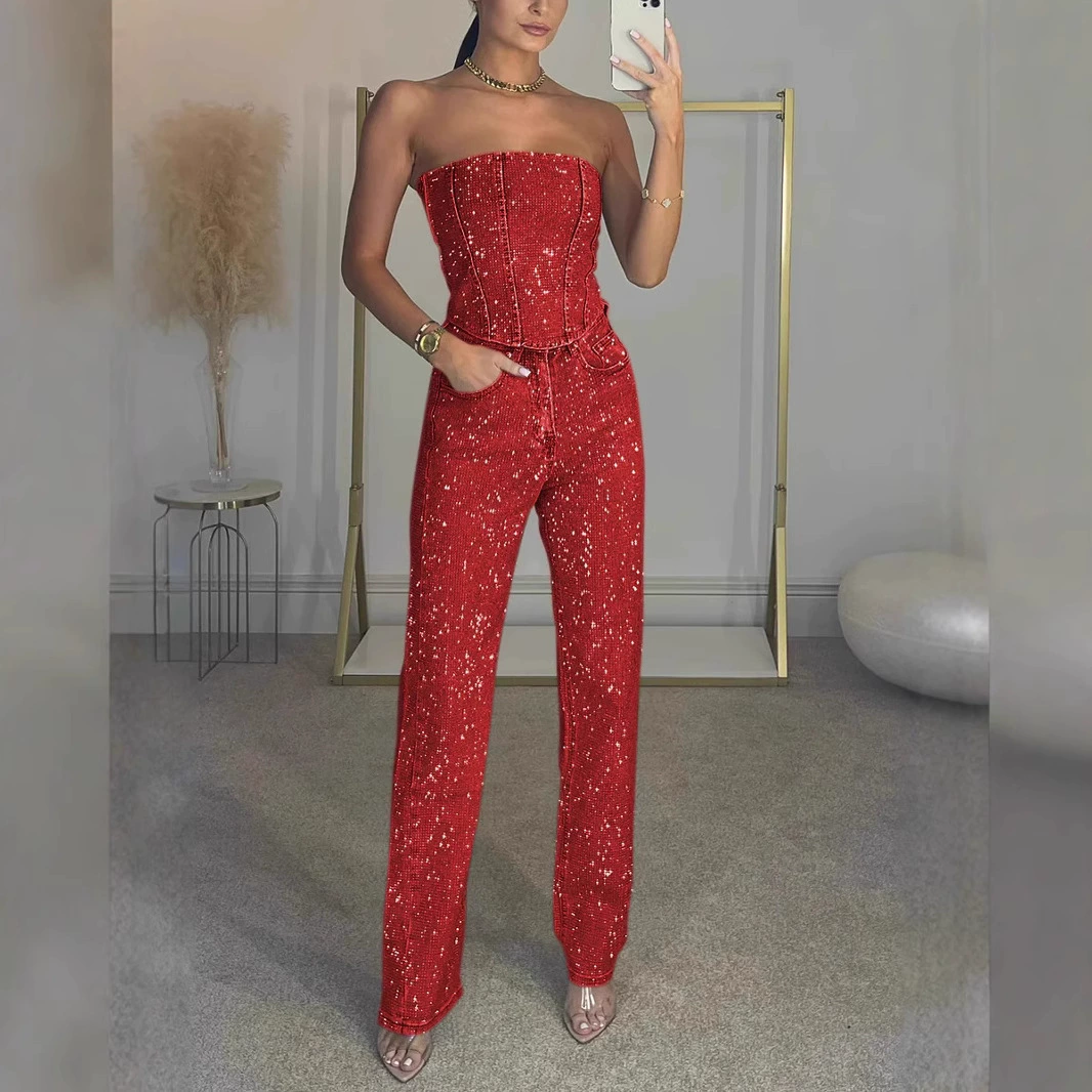 Jeans loose straight fit, American style, diamond-encrusted high-quality design, sizes S–L