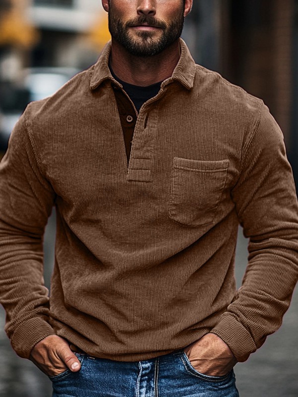 Los músculos locos otoño y invierno nuevos hombres retro bolsillo de botón de terciopelo de color sólido casual de manga larga polo para hombres