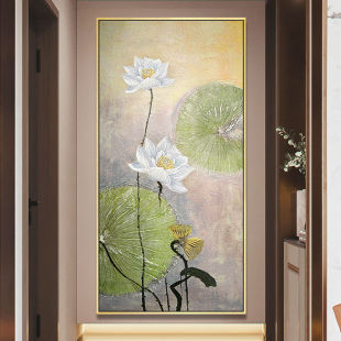 Purely Hand-Painted Oil Painting of Lotus Blossoms in Pairs, Entrance Decoration Painting, Lotus Hanging Painting, Corridor Aisle Entrance Vertical Hanging Painting Finished Product