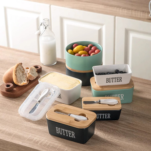 Visual butter box refrigerated box with knife ceramic rectangular butter dish with wooden lid cheese ceramic Butter Box