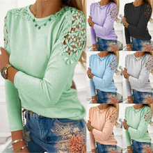 欧美跨境2024春季新款亚马逊速卖通纯色修身蕾丝镂空长袖T恤现货