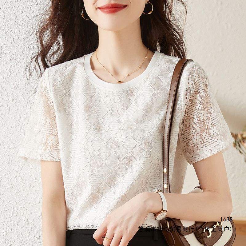 Lace Short-Sleeve T-Shirt for Women, 2026 New Summer Design, Unique Loose Fit, Slimming Chiffon Blouse, White Top