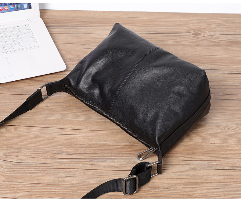Túi đeo chéo nam da bò thật thuộc da thực vật, túi đeo vai nhẹ, túi du lịch mềm 29×11×17 cm — Màu đen chi tiết 4