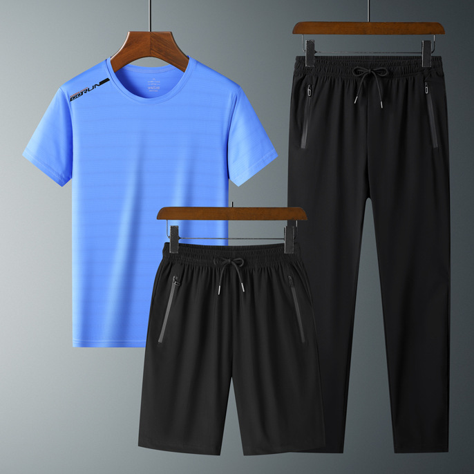 Ropa de verano de secado rápido traje de manga corta deportiva para hombres talla grande Camiseta de seda de hielo pantalones de estudiante traje de tres piezas