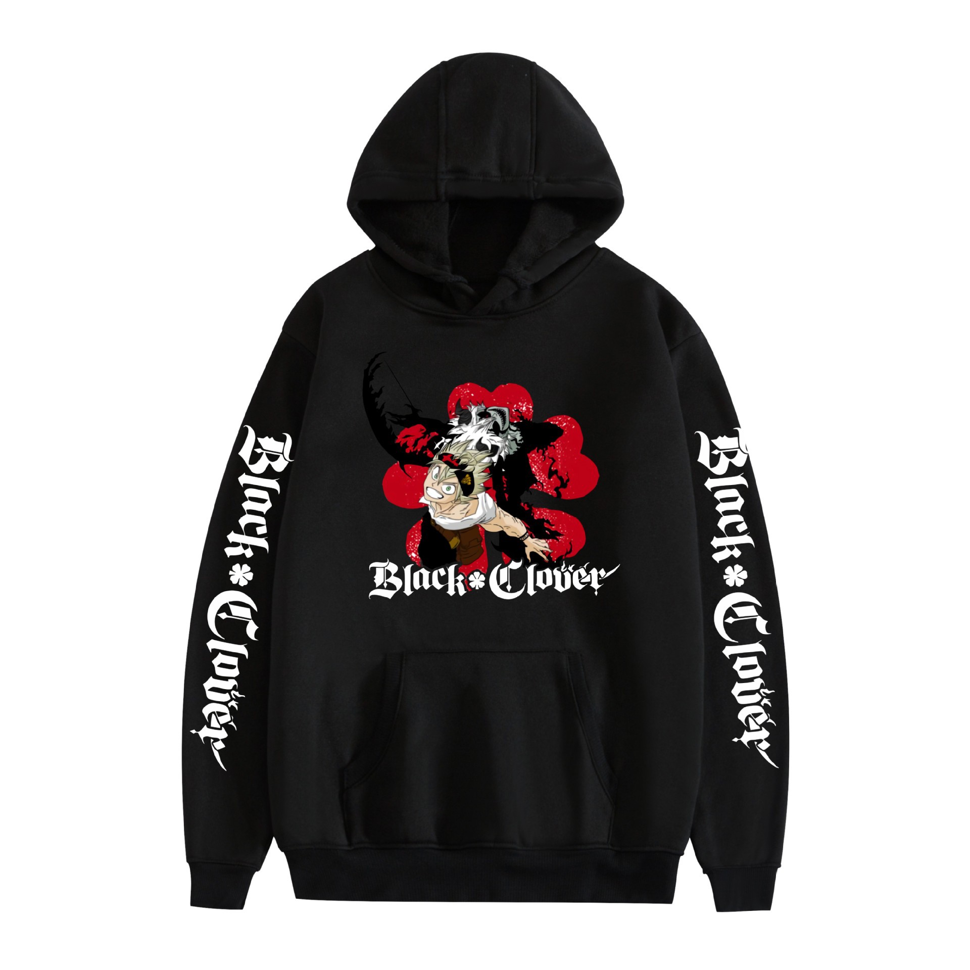 Suéter con capucha periférico de animación de trébol de cuatro hojas negro bidimensional marca de moda sudadera con capucha suelta casual más chaqueta de terciopelo nuevo