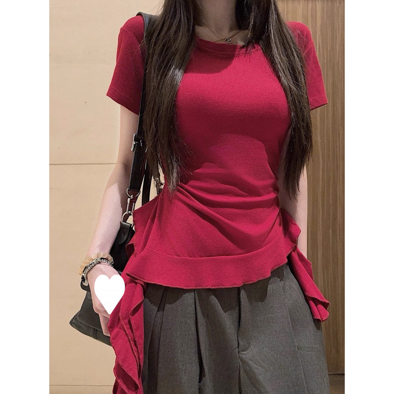 Ruffled Red Right Shoulder Short-Sleeved T-Shirt for Women in Summer Sexy Slim Waist Design Asymmetrical Strap Top Ruffled Red Right Shoulder Short-Sleeved T-Shirt for Women in Summer Sexy Slim Waist Design Asymmetrical Strap Top
