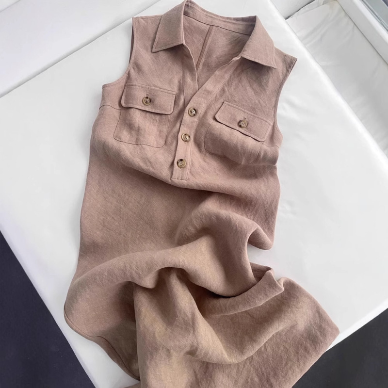 Cattle closed eyes into ~ fashion high-end old money style khaki linen dress women design sense vest skirt