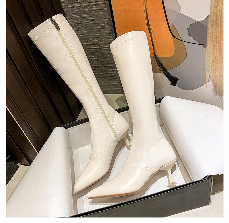 Bốt cao cổ nữ gót nhọn 6–8 cm kiểu kỵ sĩ khóa kéo bên, mũi nhọn — Màu nâu, Màu trắng, Màu đen, Màu trắng lót nhung chi tiết 17