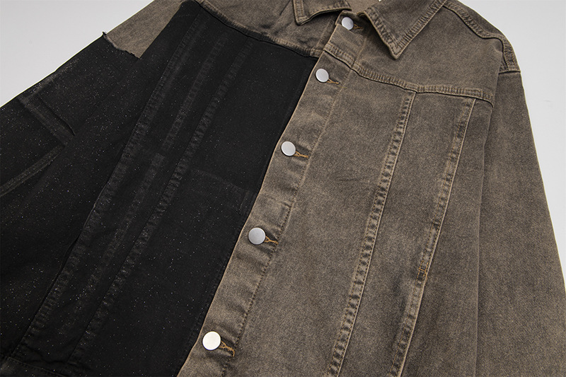 Abbigliamento maschile Giacca in denim retrò con colori a contrasto per uomo e donna, maniche lunghe, design con giunture, giacca alla moda di alta qualità, cardigan da coppia_voghion.com
