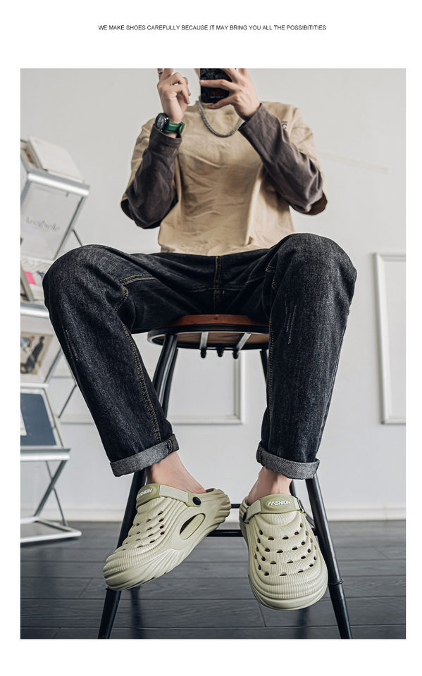 Dép lỗ nam kiểu Crocs mùa hè chống trượt, mũi tròn bảo vệ, đi biển và lái xe — Trắng, màu xanh nhạt, đen chi tiết 15