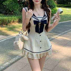 萌兔汐语 夏季学院甜美风设计连衣裙女2026新款气质海军领短裙子