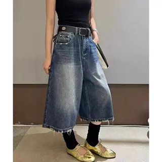 美式复古磨破宽松七分牛仔裤女春夏新款百搭高腰松弛感休闲汽水裤