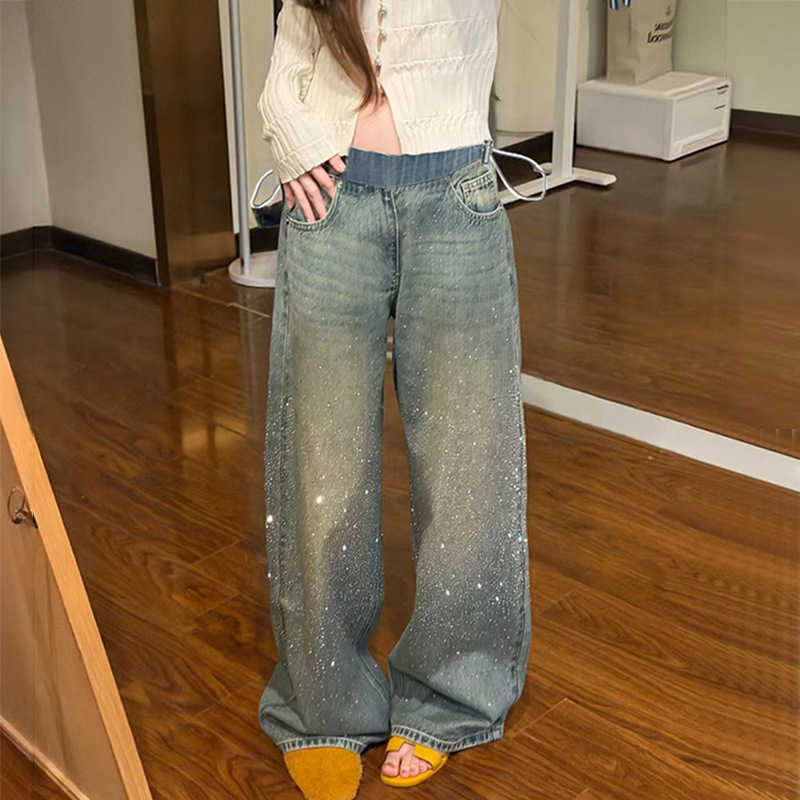 Maternity Jeans with Star Rhinestones, New Winter Style, Belly-Free, Loose, Slimming Wide-Leg Pants with Drawstring Waist for Pregnant Women