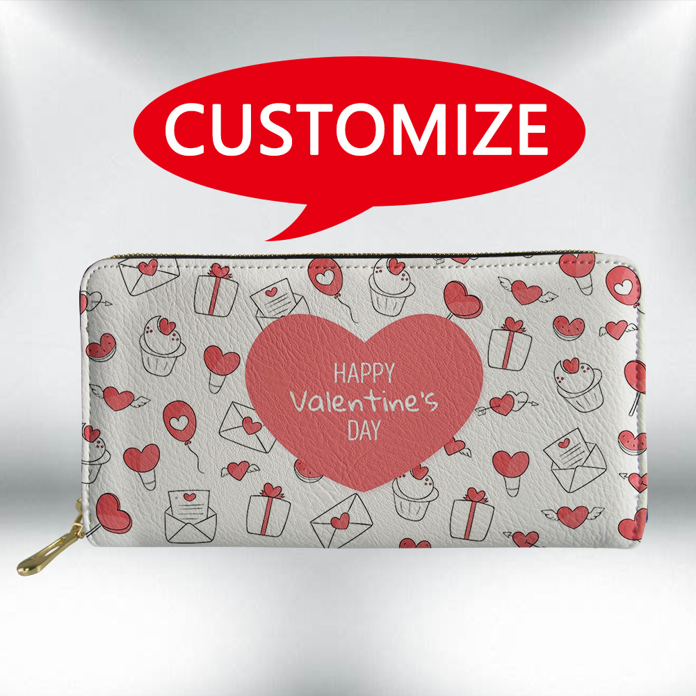 Billetera de mano para mujer de PU con temática de San Valentín, cartera de cuero con cremallera y monedero, suministro directo de fábrica.