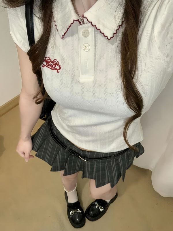 一整套2025夏季新款韩系学院风修身显瘦Polo领T恤上衣格子百褶裙|undefined
