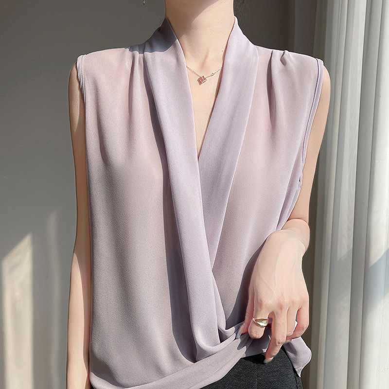 2025 Spring and Summer New Women's V-Neck French Cross-Collar Fashion T-Shirt Sleeveless Short Style Simple Versatile Thin Top