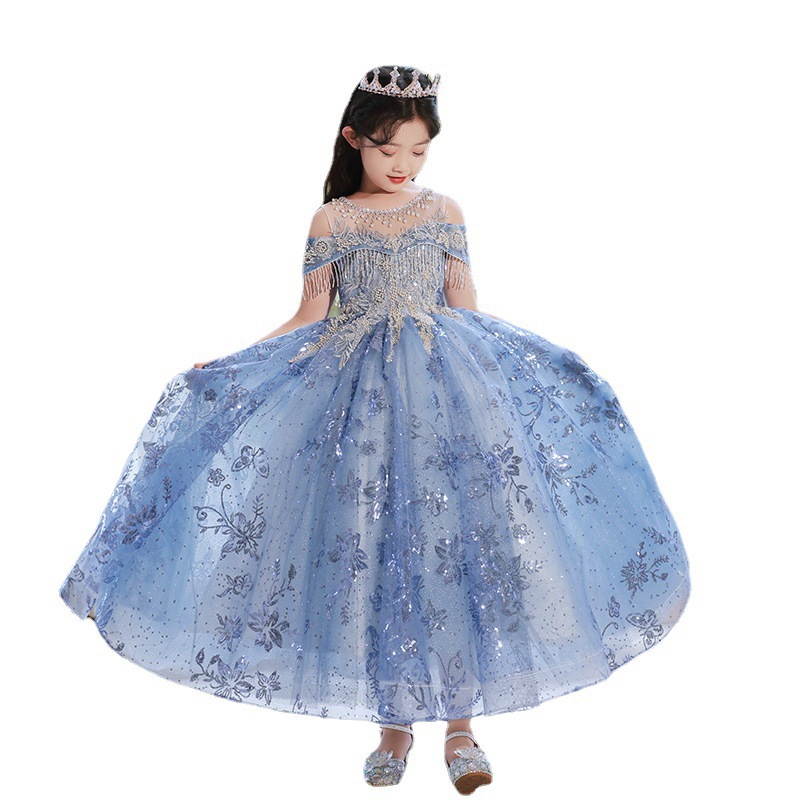Vestido de princesa para niñas, vestido de tul con volantes, vestido de fiesta para niñas, vestido de presentadora pequeña para espectáculo de pasarela, vestido de actuación de piano