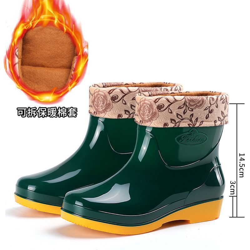 Cuatro estaciones zapatos de lluvia de cañón corto para mujeres zapatos de lluvia calientes para adultos con veludo impermeable antiderrapante cocina de moda zapatos de agua botas de agua al por mayor image 12