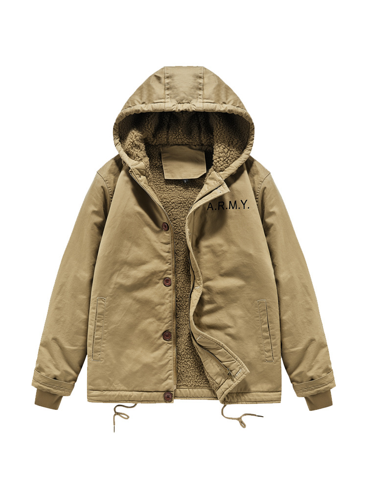 Abrigo de invierno para hombre al aire libre casual a prueba de viento con capucha superior suelta transfronteriza forrada de lana engrosada chaqueta de trabajo para hombres