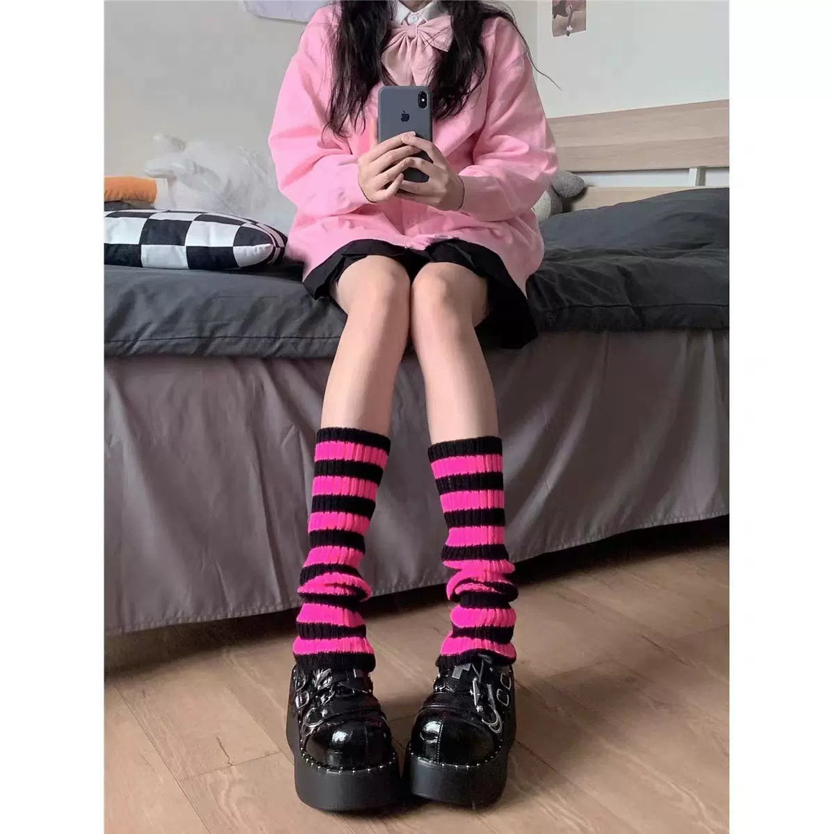 日系Y2K原宿风辣妹腿套jk黑白条纹袜套电竞少女甜酷彩条纹堆堆袜