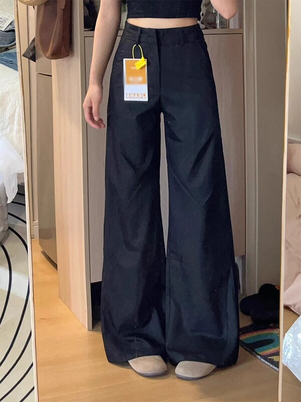 黒垂れ感高級感ゆるい広脚スーツパンツ夏の女性の大きいサイズの太ったmmが痩せている小さなカジュアルパンツ|undefined