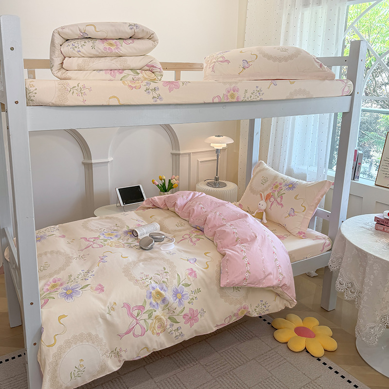 Juego de cama de dormitorio de estudiantes universitarios de tres piezas de algodón puro algodón lavado de algodón sábana individual funda de edredón juego de cama de cuatro piezas