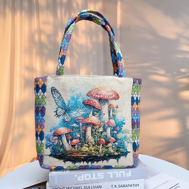 菱形キャンバスバッグ両面ゴールド刺繍ファッションハンドバッグデイリーポータブルハンドバッグ仕事弁当ハンドバッグ|undefined