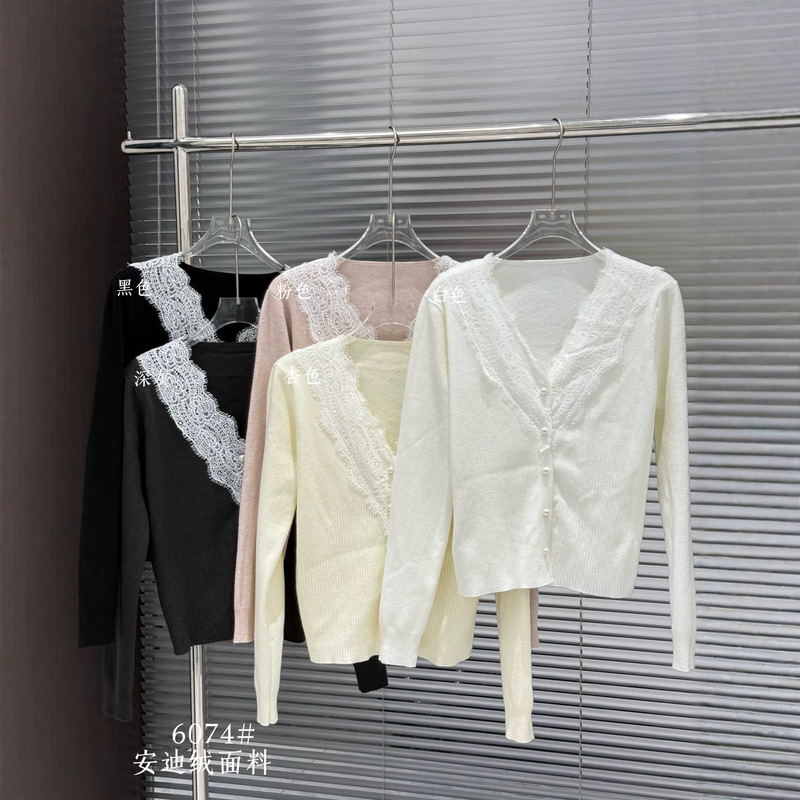 Lace V-neck knitted cardigan for women, sweater for spring, autumn, and winter, unique and exquisite design, short top, base shirt for women