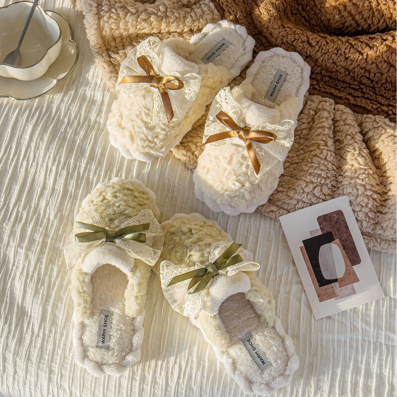 Ins2024 New Lace Bow Home Cotton Slippers Korean Style Fairy Style Winter Cotton Slippers for Men and Women Couples