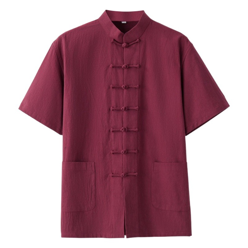 Men's Tang Suit Chinese Style Summer Chinese Cotton and Linen Vintage Buckle Thin Casual Short-sleeved Top Half-sleeved Hanfu