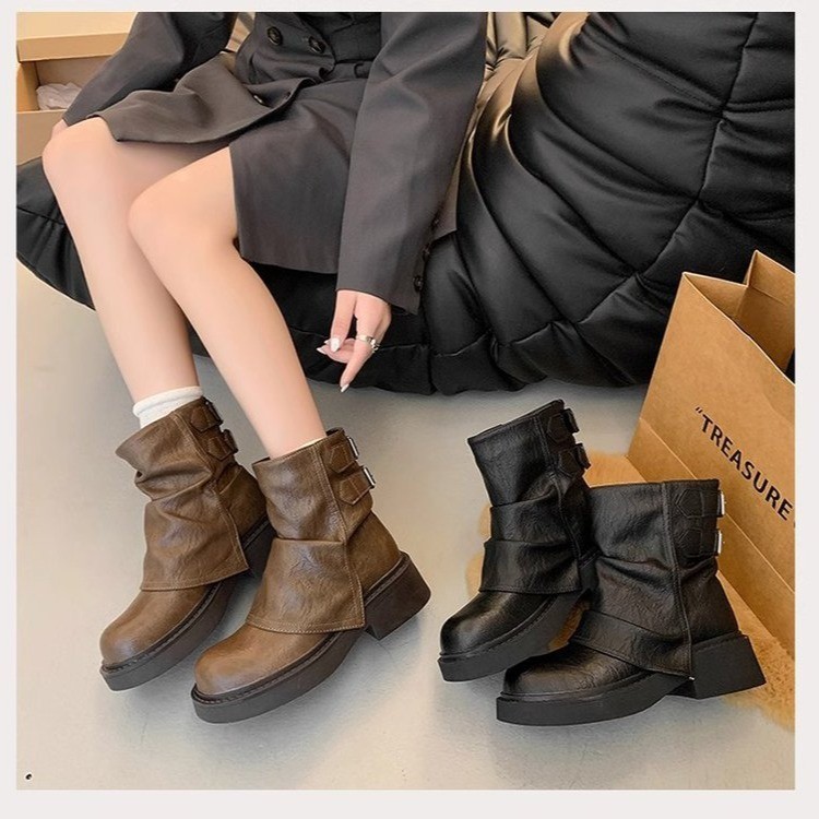 New Autumn and Winter Women's Boots, Pile Boots, Cross-Border Single Boots, British Style Trouser Boots, Wholesale Thick-Soled Martin Boots for Women