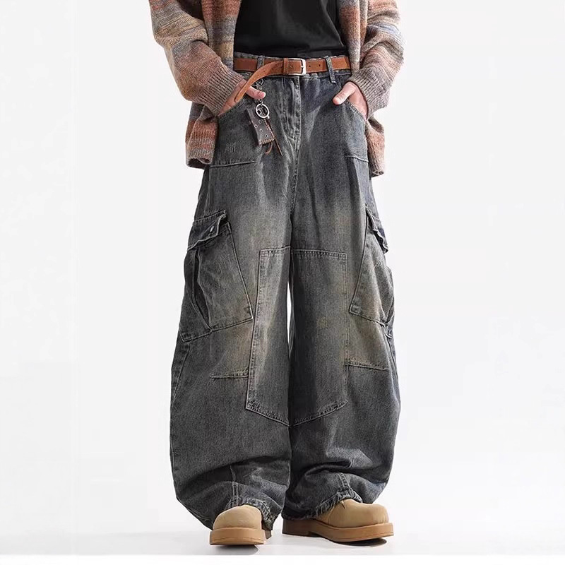 American-Style Trendy Heavy Multi-Pocket Scimitar Jeans for Men, High Street Retro Loose Versatile Casual Wide-Leg Cargo Pants