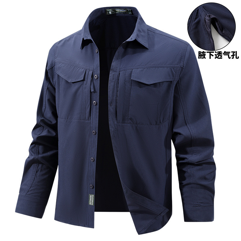 2026 Spring and Autumn New Quick-Dry Stretch Long-Sleeve Shirt with Multiple Pockets and Underarm Breathable Mesh Tactical Work Shirt
