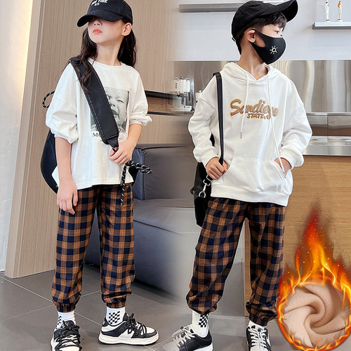 Winter Children's Casual Pants with Fleece and Thickening, Fashion Trend Waist Pants for Boys and Girls, Plaid Trousers with Leg Garter, for Young Children