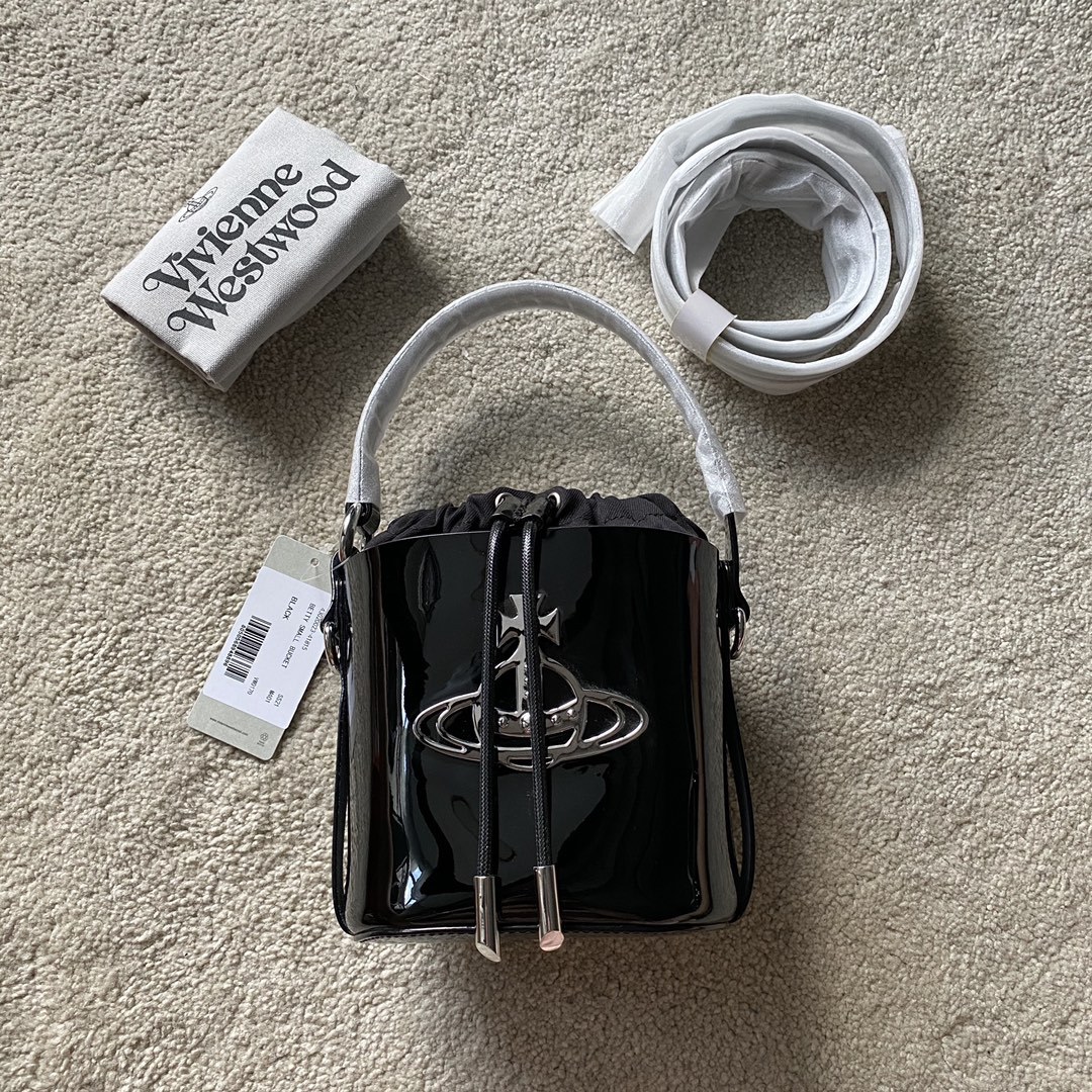 Vivienne Westwood Lady's Shiny Cowhide Leather Shoulder Crossbody Handbag Bucket Bag