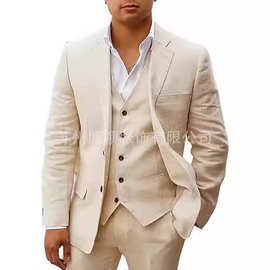 亚马逊新款男士西装3件套修身西装亚麻套装海滩婚礼派对 西装套装