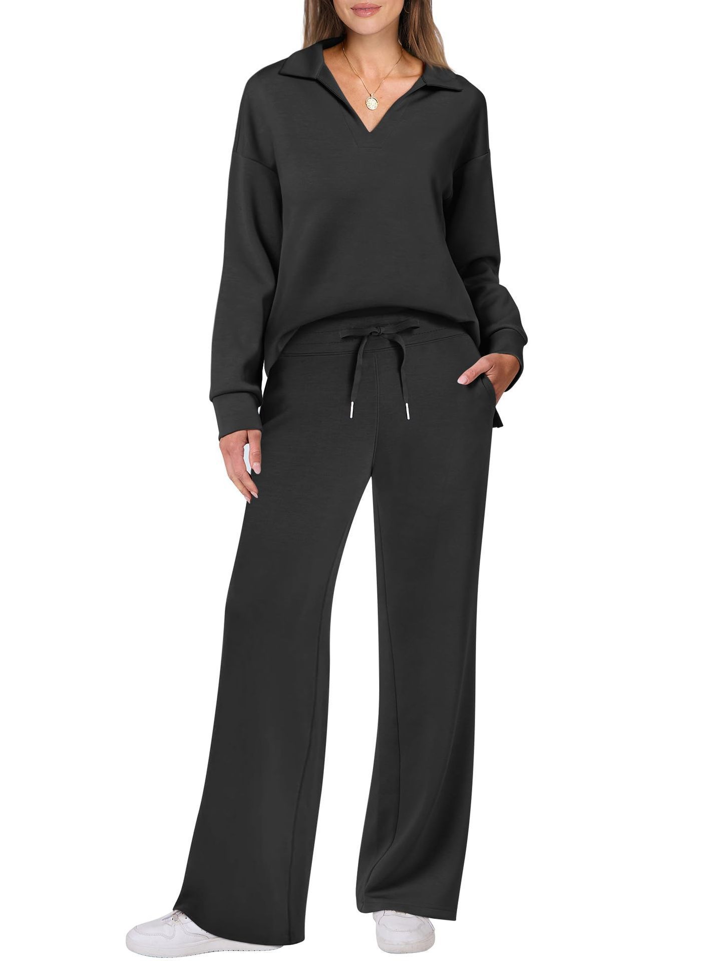 Women's Tracksuit Sports Suit V-neck Long-sleeved Pullover Top And Drawstring Straight-leg Trousers Casual Solid Trousers Set