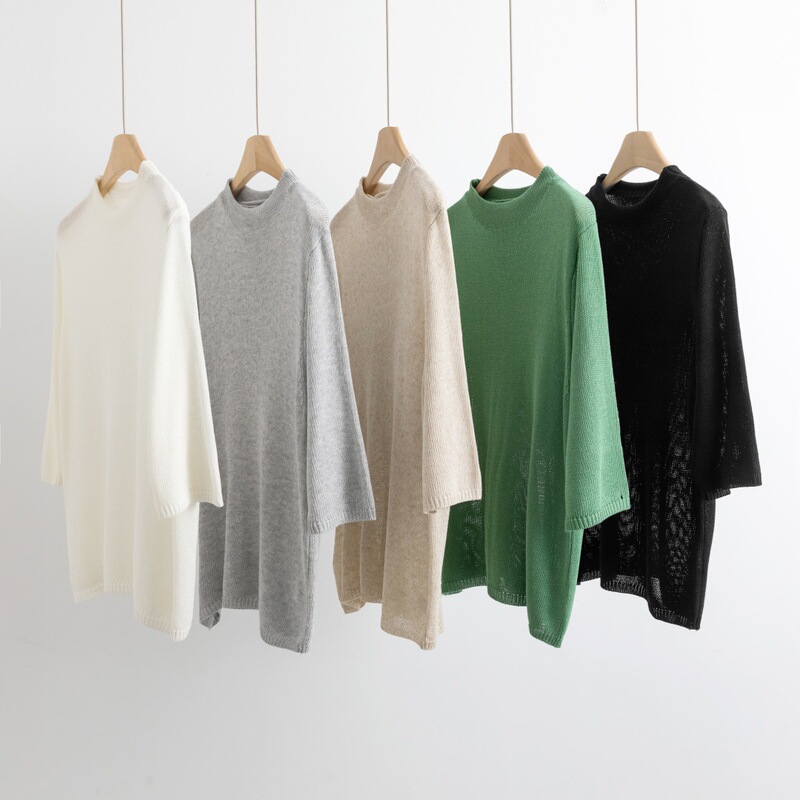 Five-Quarter Sleeve Half-Collar Knit Shirt, Linen and Tencel, Summer Breathable Sun Protection Shirt, Elegant Women's Clothing, Loose and Casual Five-Quarter Sleeve Half-Collar Knit Shirt, Linen and Tencel, Summer Breathable Sun Protection Shirt, Elegant Women's Clothing, Loose and Casual
