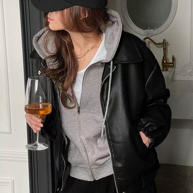 Áo khoác da nữ dáng rộng cổ bẻ phong cách đường phố — Màu nâu, cao cấp, có lót vải, Đen, cao cấp, có lót vải chi tiết 13