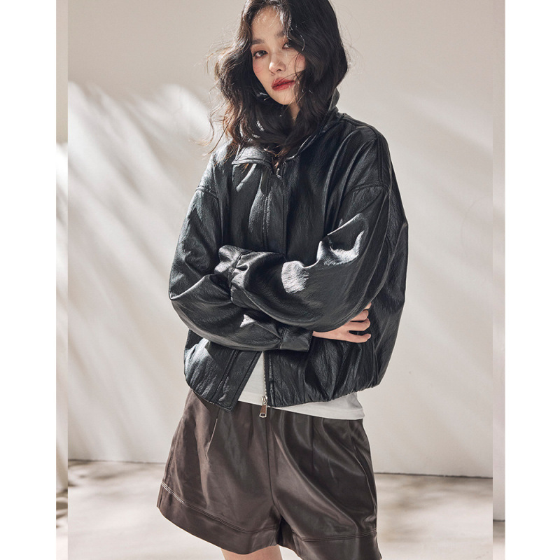 【Shengdu】26 Spring New Korean Retro Motorcycle Style Pu Eco-Friendly Leather Loose Black Leather Jacket Coat