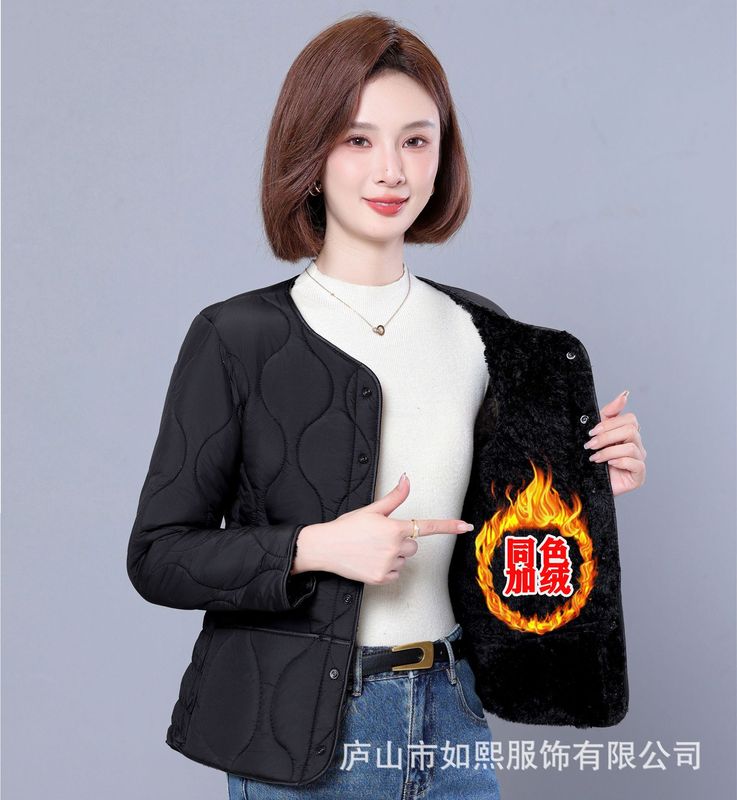 秋冬款纯色内胆棉服女轻薄保暖菱格简约短款通勤百搭加绒外套防寒|undefined