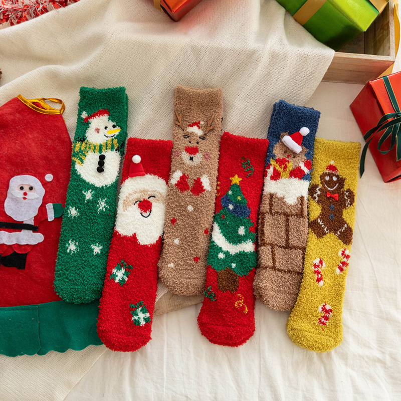 Christmas socks coral fleece socks women's mid-calf autumn and winter thickened fleece-lined men's thermal socks cross-border Amazon socks