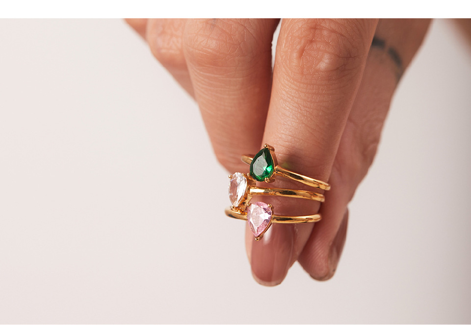 French Style Water Droplets Stainless Steel Inlay Zircon Rings 1 Piece